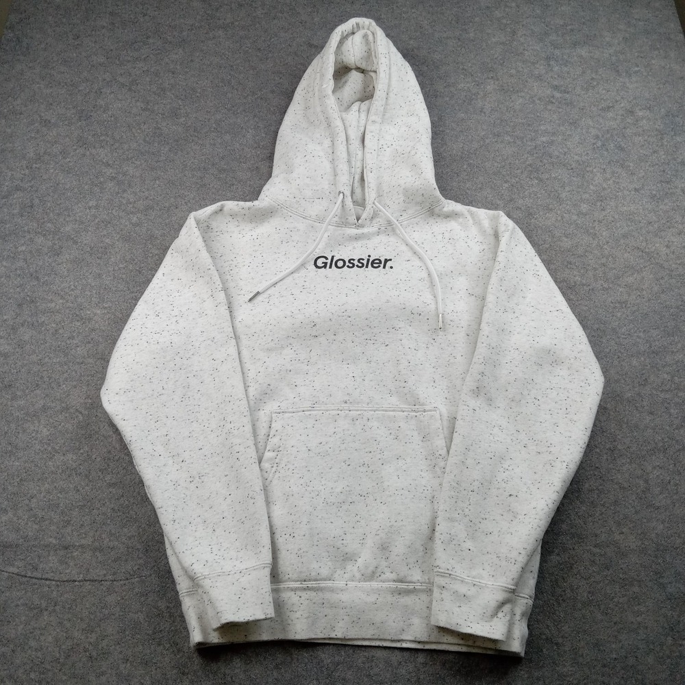 Glossier Hoodie Womens Small White Speckled Graphic‎ Logo Pullover Sweatshirt